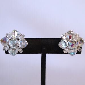 💎Laguna Earrings Clear Faceted Bead Aurora Borealis Button Clip Ons